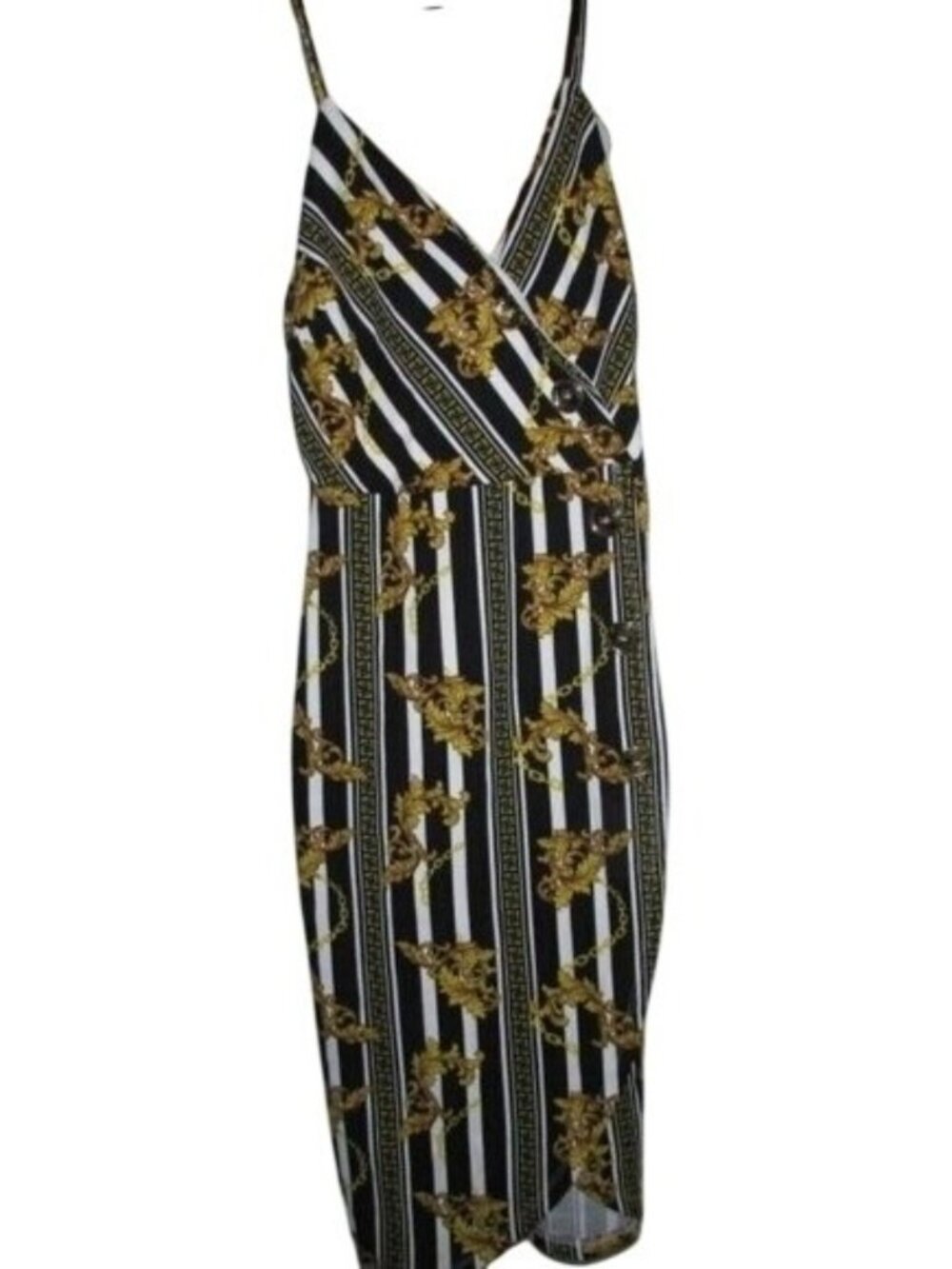 Love J Boho Sleeveless Striped Gold Abstract Floral & Chains Maxi Dress in Small
